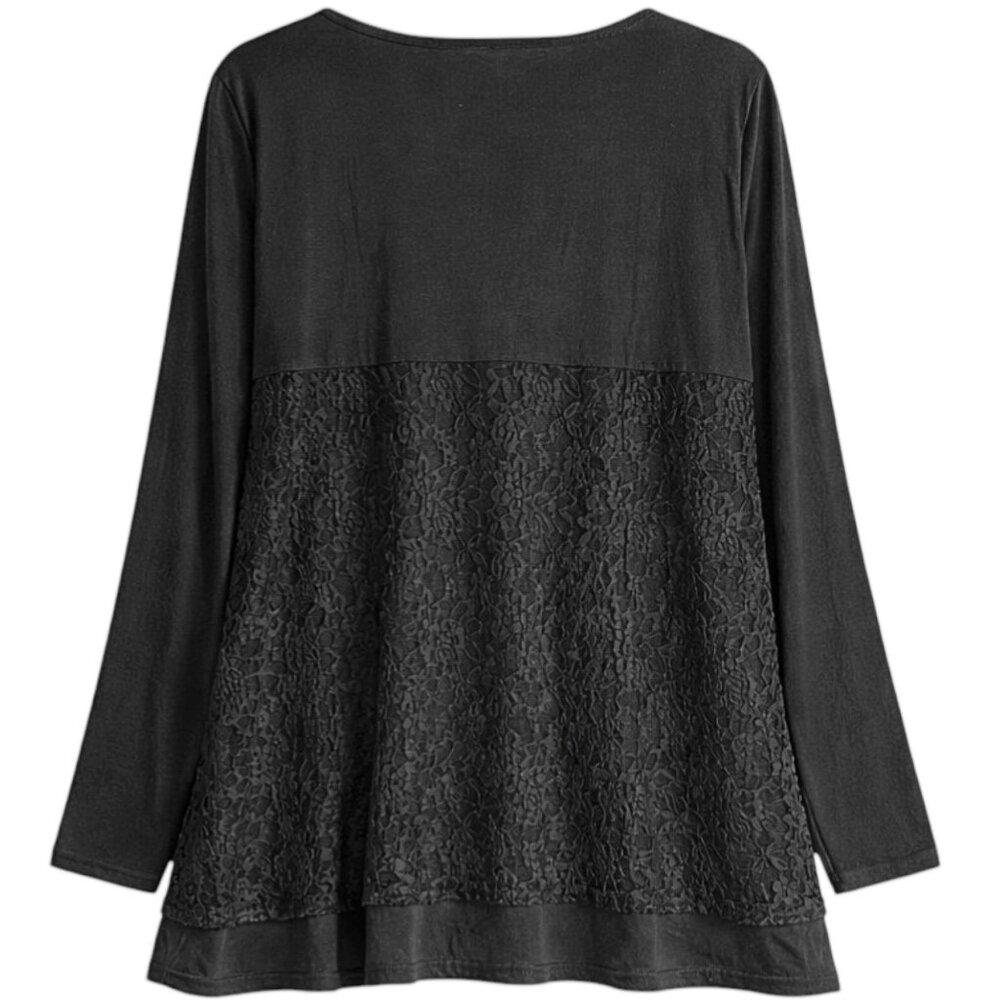 Women's Black Lace Tunic Top Basic Flowy Long Sleeve Blouse Plus & Regular Size - Picture 4 of 5